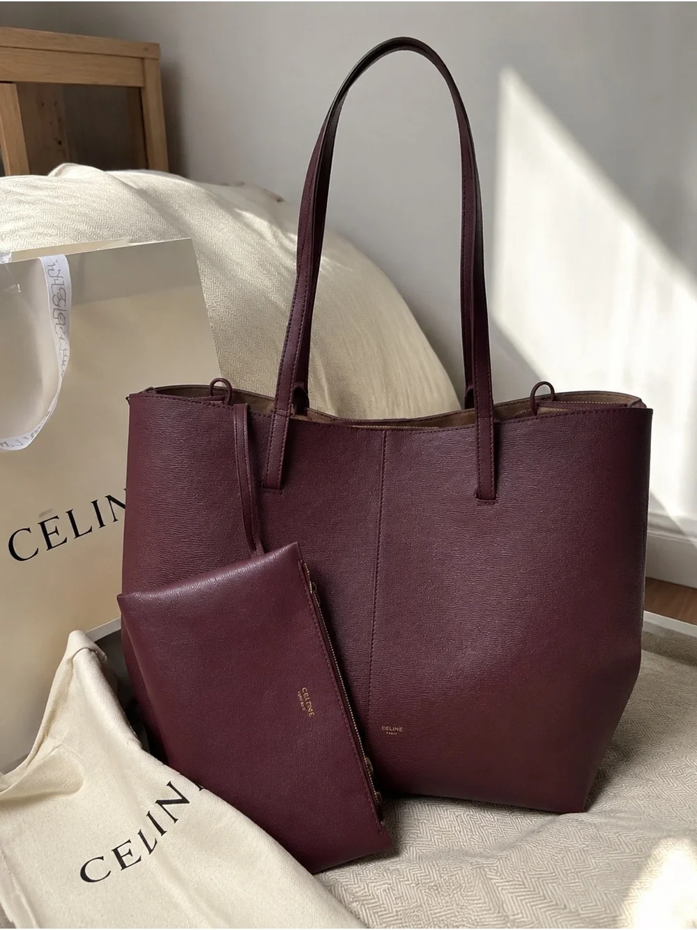 Celine Plum Leather Tote with Matching Pouch